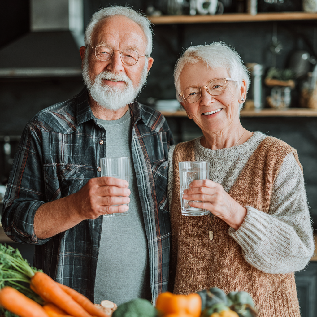 Šťastná žena v strednom veku slovenského pôvodu drží čerstvé ovocie a zeleninu, úsmev na tvári v svetlej kuchyni