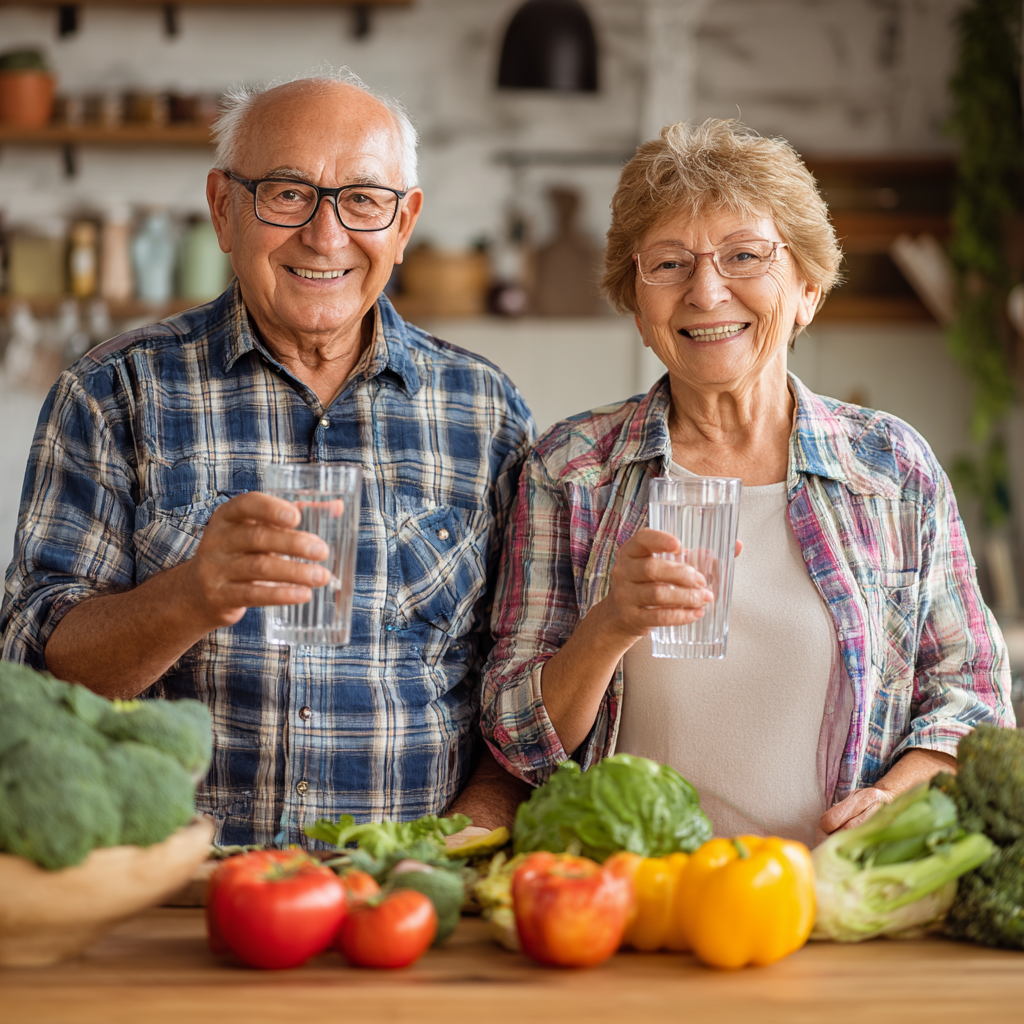 Starší pár slovenského pôvodu varí spolu v kuchyni, obaja sa smejú a užívajú si prípravu zdravého jedla